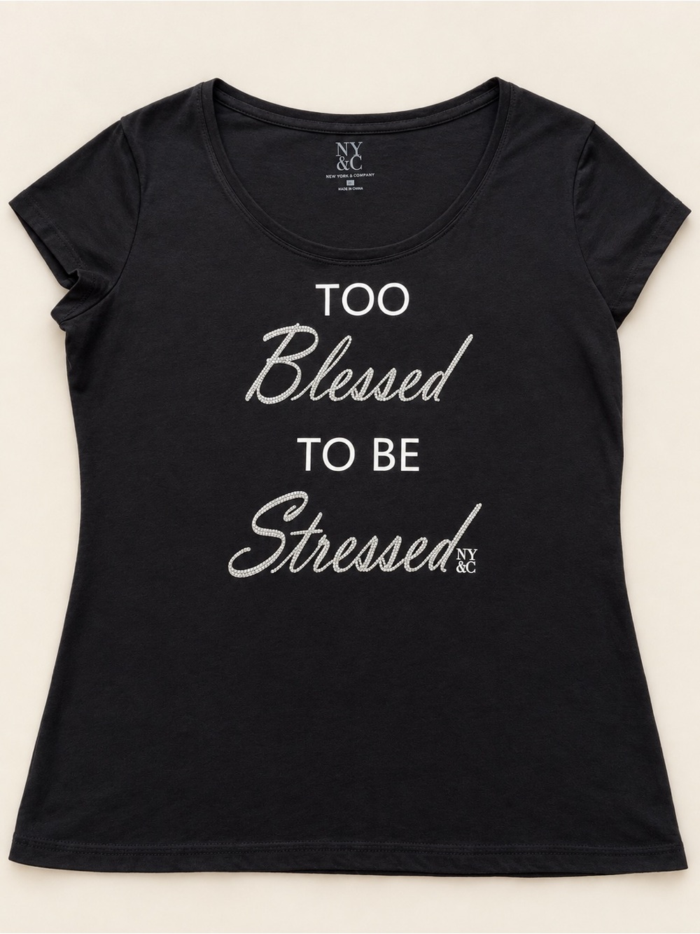 New York & Company Black 'Too Blessed To Be Stressed' Graphic Scoop Tee